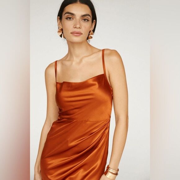 Nikasha X ANTHROPOLOGIE women’s burnt orange Ruched Mini slip Dress size 2 - Picture 2 of 11
